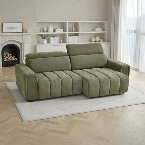 Shop Molvena Luxe green 3 seater electric sofabed with power sliding seats, adjustable headrests & modern tufted design.