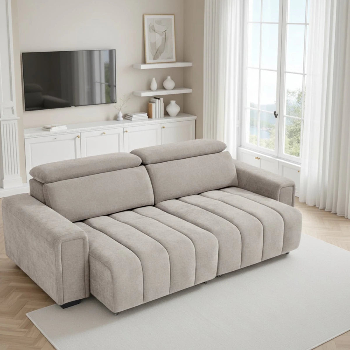 Electric sofabed designed for seating and sleeping flexibility.