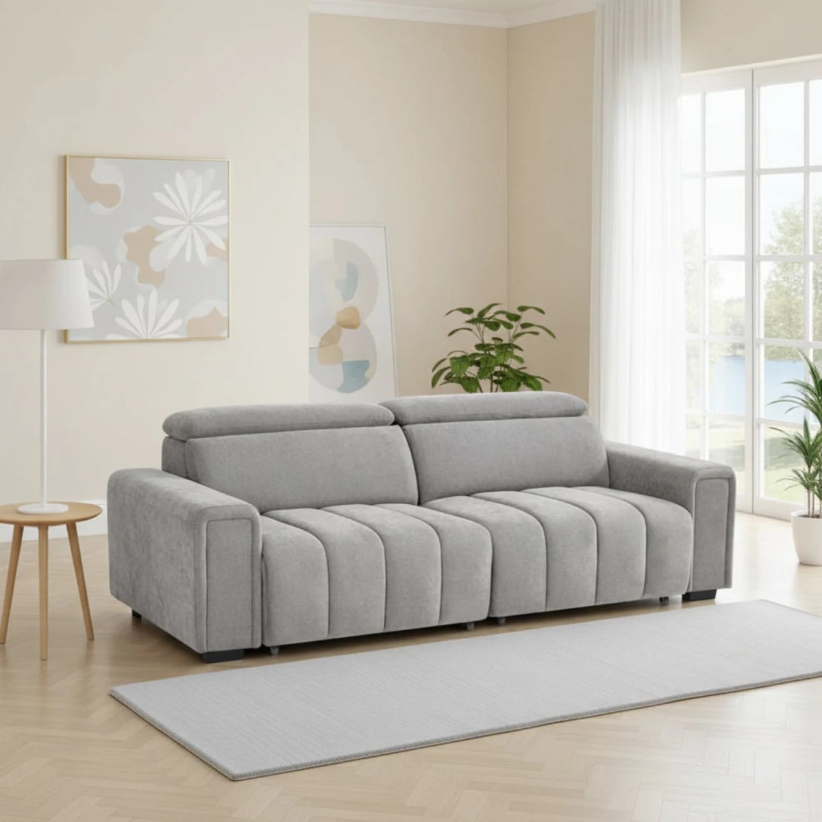 Stylish grey electric sofa bed with contemporary low-profile look.