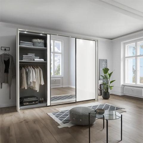 Monaco 3000 White Glass Large Sliding Door Wardrobe with Mirror - Pendle Village Furniture