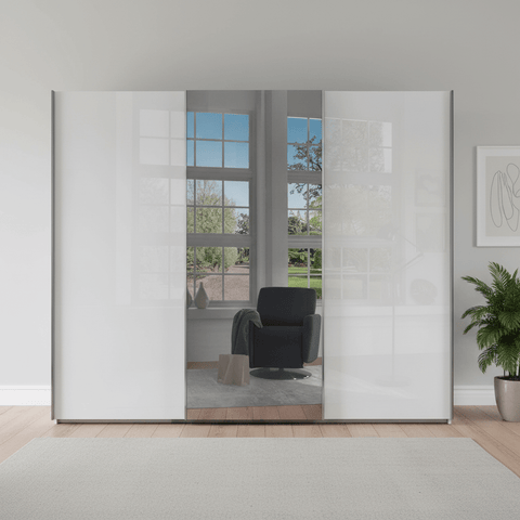 Monaco 3000 White Glass Large Sliding Door Wardrobe with Mirror