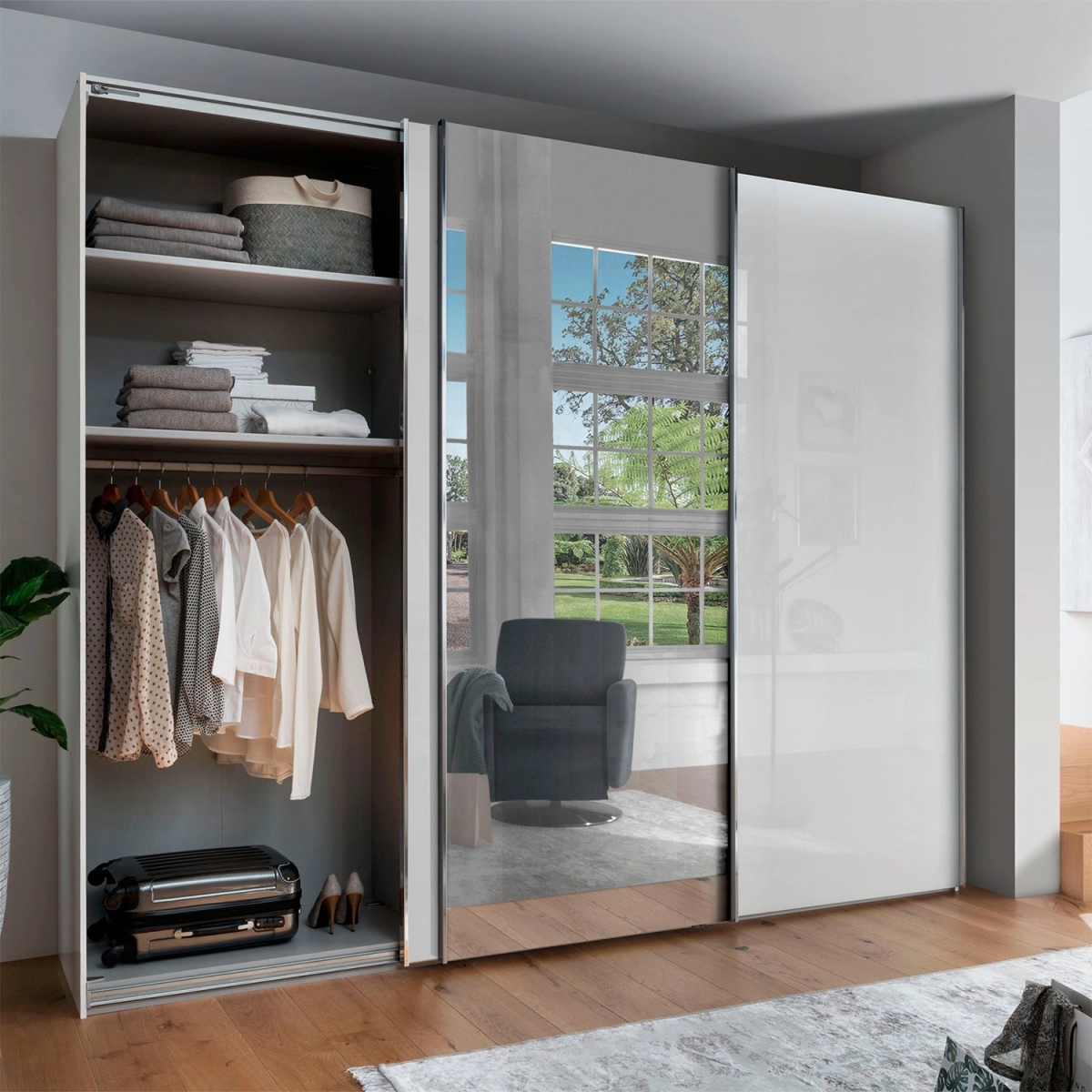 Monaco 3000 White Glass Large Sliding Door Wardrobe with Mirror - Pendle Village Furniture