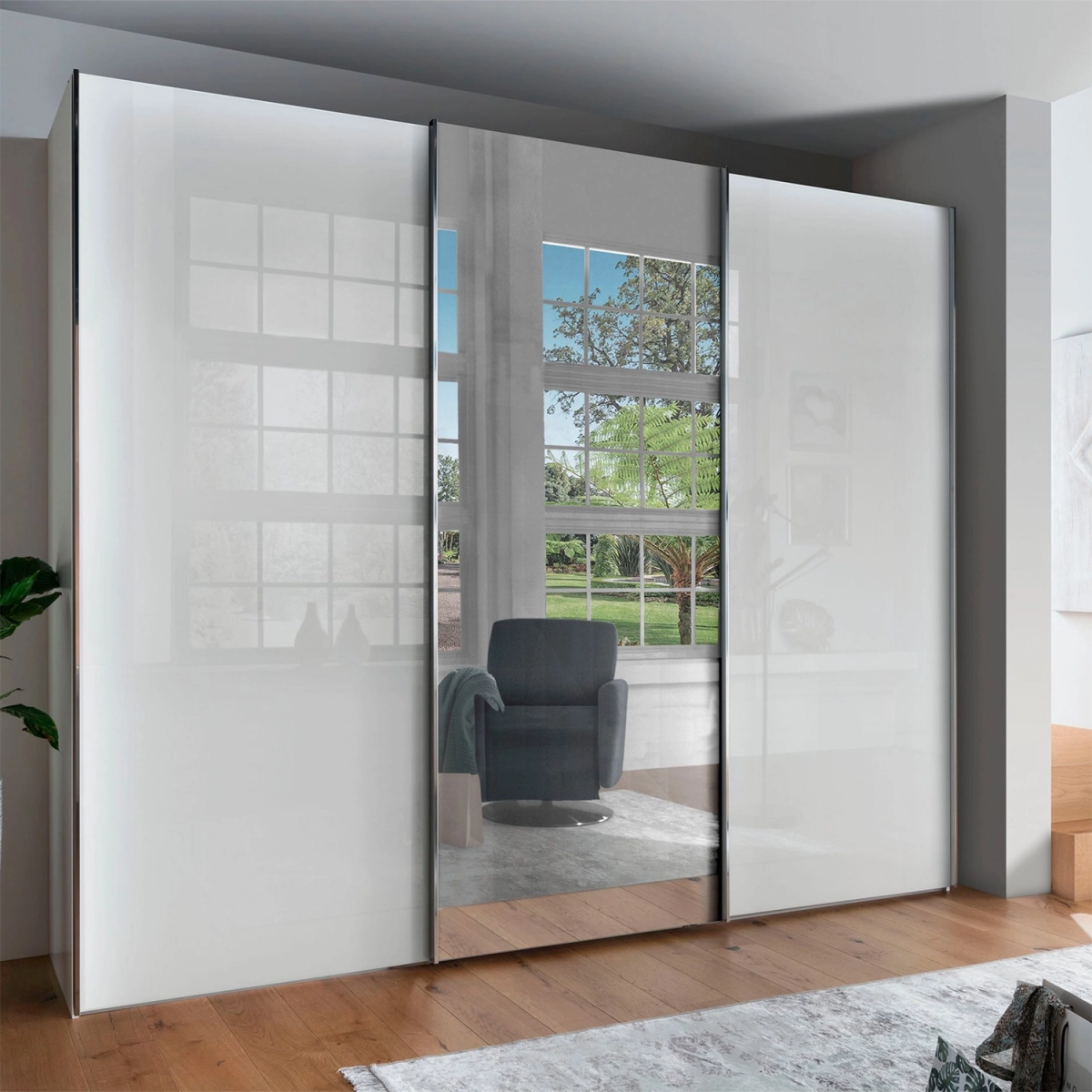 Monaco 3000 White Glass Large Sliding Door Wardrobe with Mirror - Pendle Village Furniture