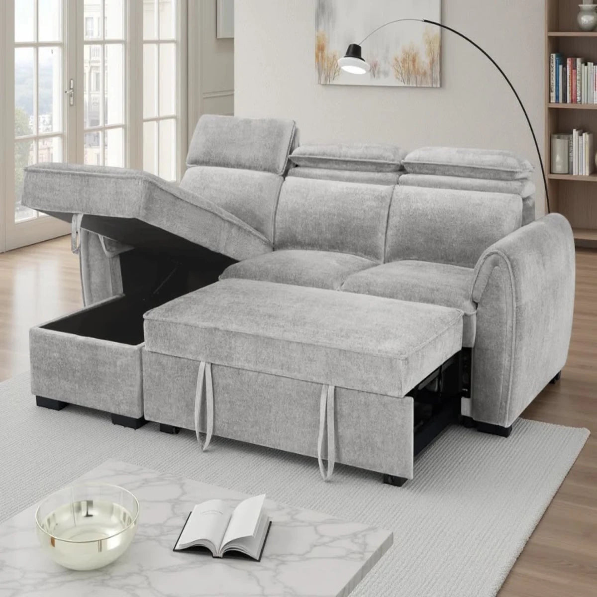 Hidden ottoman storage for bedding and essentials.