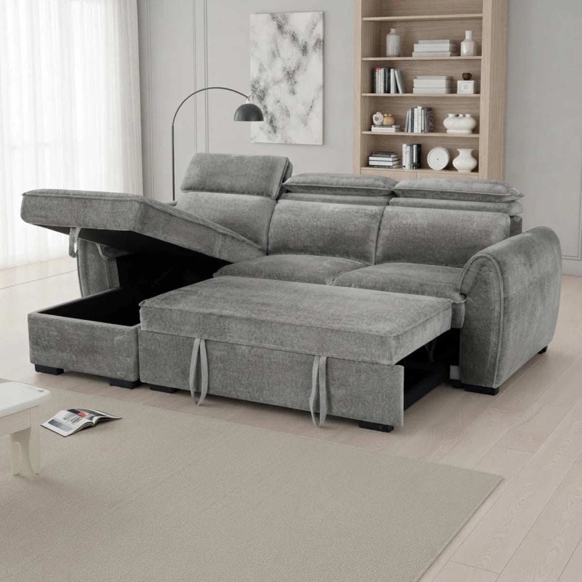 Hidden ottoman storage for bedding and essentials.