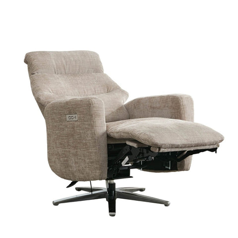 A beige textured fabric recliner chair with a black five-star swivel base, shown in a partially extended position against a solid white background.