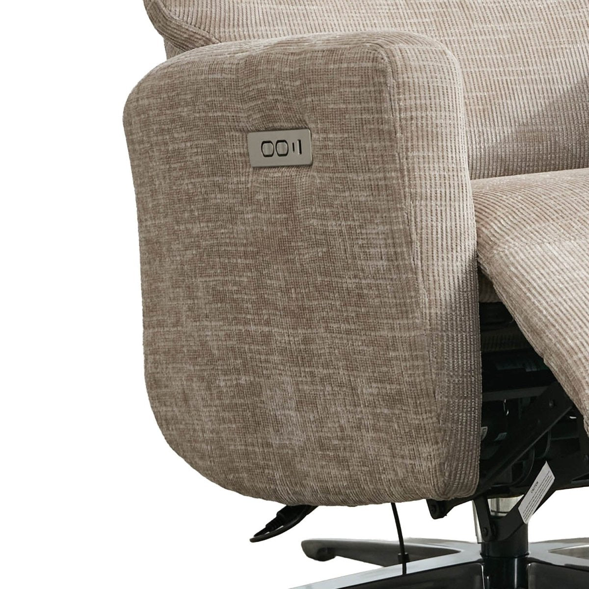 Close-up of a beige textured fabric office chair armrest with a small silver control panel labeled 'COII' on a white background.