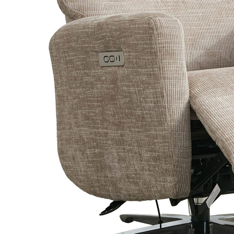 Close-up of a beige textured fabric office chair armrest with a small silver control panel labeled 'COII' on a white background.