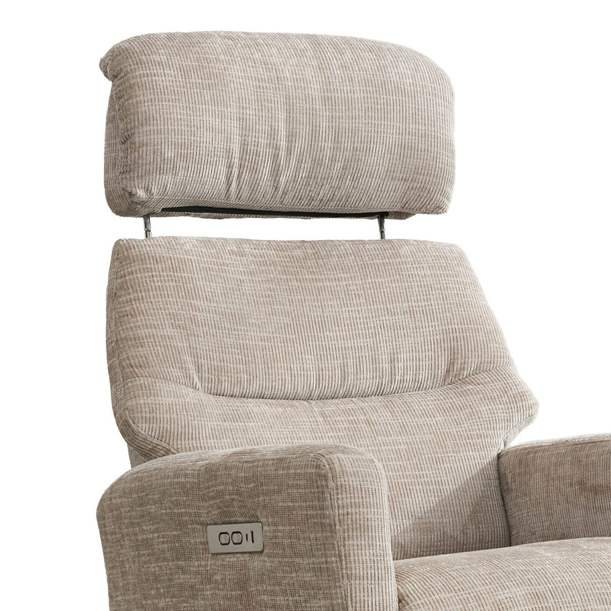 Close-up of a recliner chair with a textured light beige fabric, showing the headrest, backrest, and armrest with a small control panel labeled COOL on a white background.
