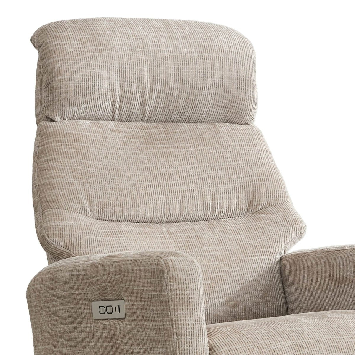 Close-up of a high-back upholstered recliner chair in a textured light beige fabric, showing the headrest, backrest, armrest, and a small control panel on the arm.