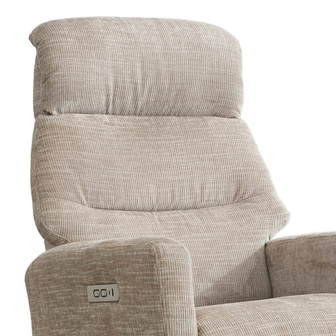 Close-up of a high-back upholstered recliner chair in a textured light beige fabric, showing the headrest, backrest, armrest, and a small control panel on the arm.