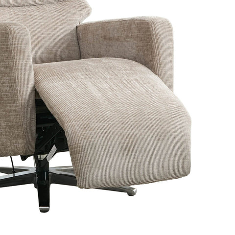 Close-up of a beige corduroy recliner chair with the footrest extended, showing the textured fabric and part of the black metal base against a white background.