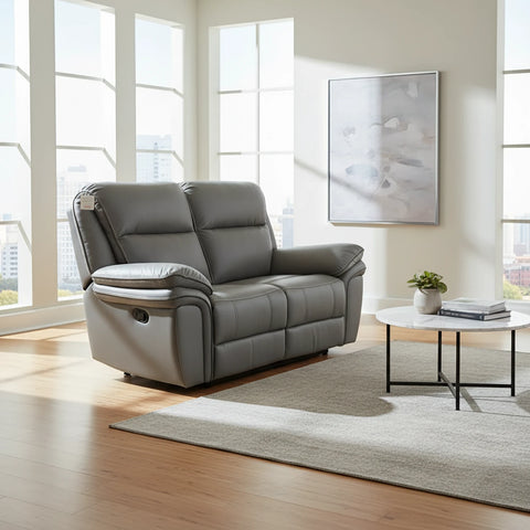 Mont Grey Leather Look Fabric 2 Seater Manual Recliner Sofa - Pendle Village Furniture