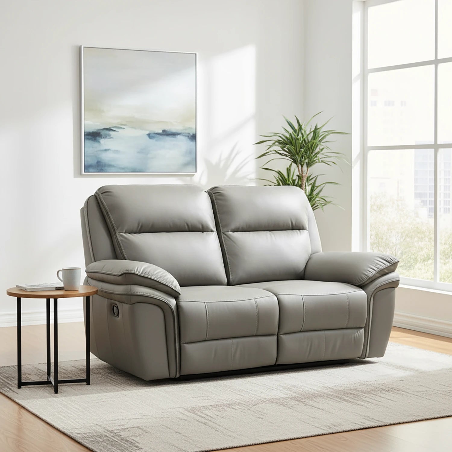 Mont Grey Leather Look Fabric 2 Seater Manual Recliner Sofa - Pendle Village Furniture