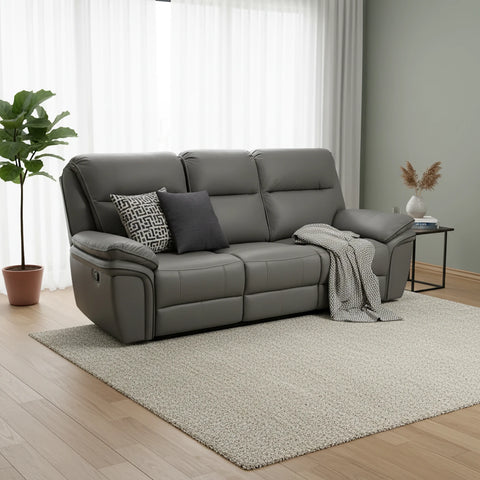 Mont Grey Leather Look Fabric 3 Seater Manual Recliner Sofa - Pendle Village Furniture