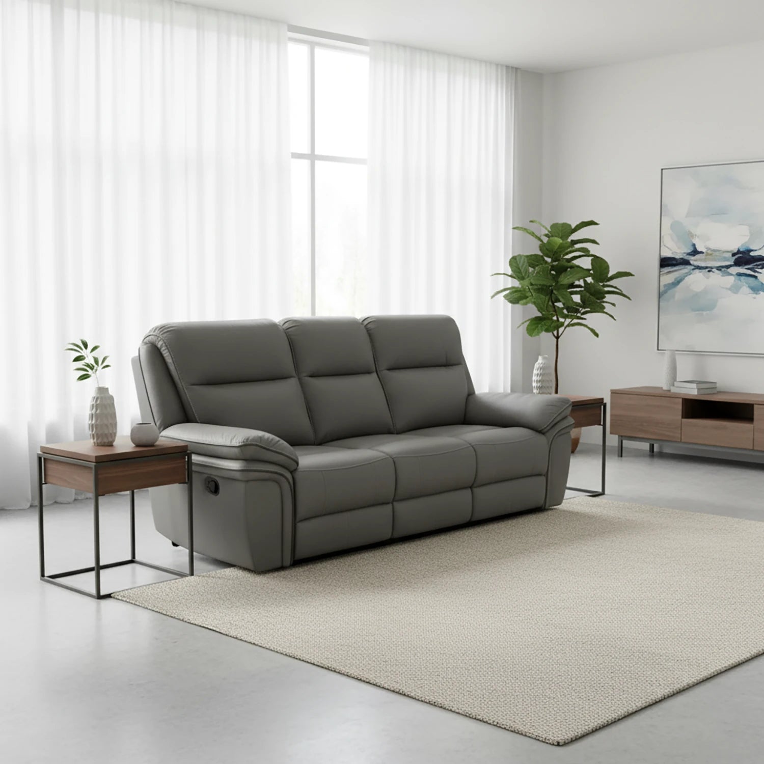 Mont Grey Leather Look Fabric 3 Seater Manual Recliner Sofa - Pendle Village Furniture