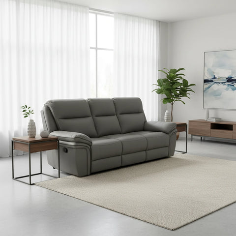 Mont Grey Leather Look Fabric 3 Seater Manual Recliner Sofa - Pendle Village Furniture