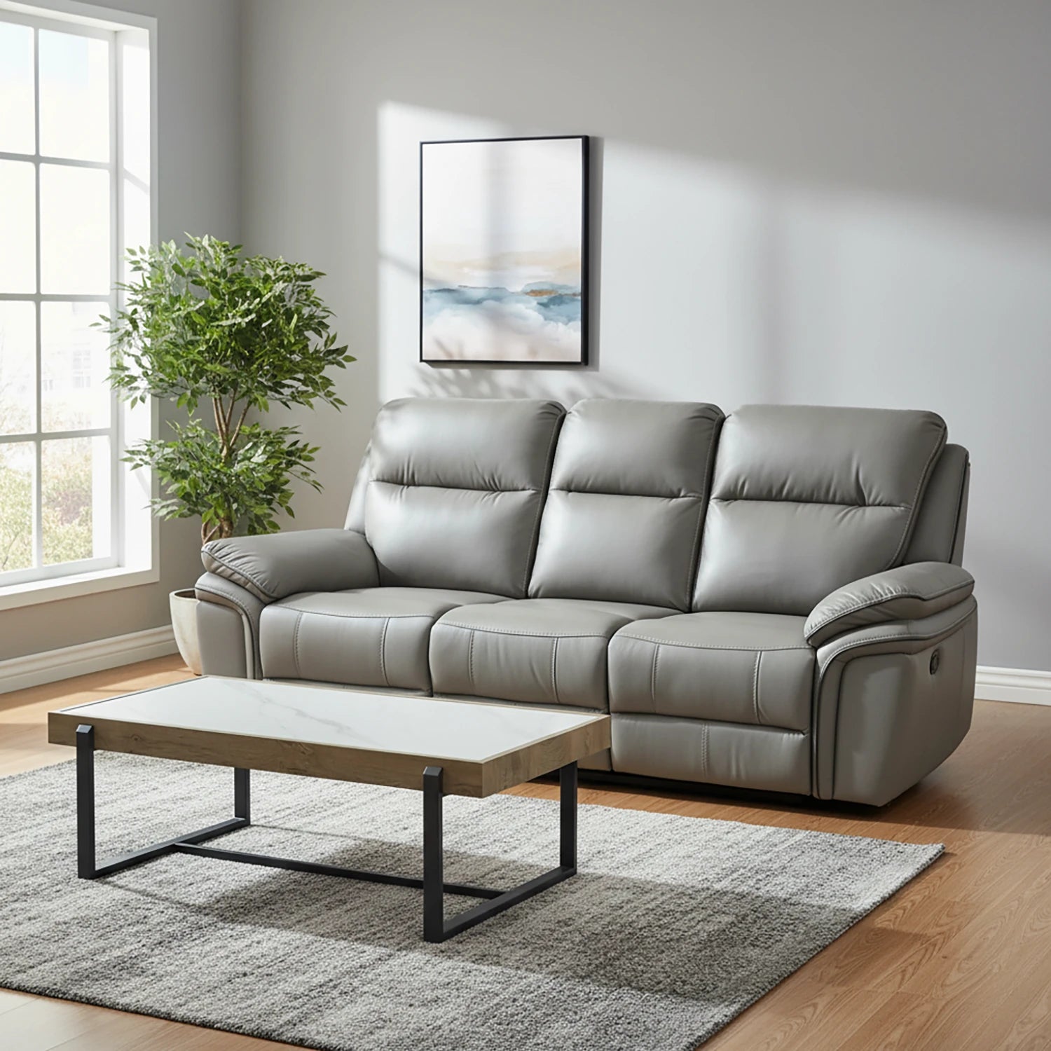 Mont Grey Leather Look Fabric 3 Seater Manual Recliner Sofa - Pendle Village Furniture