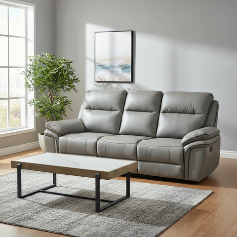 Mont Grey Leather Look Fabric 3 Seater Manual Recliner Sofa - Pendle Village Furniture