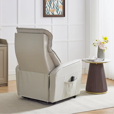 Back View of the Moreno Leather Rise and Recliner Chair showing side pocket for remote 