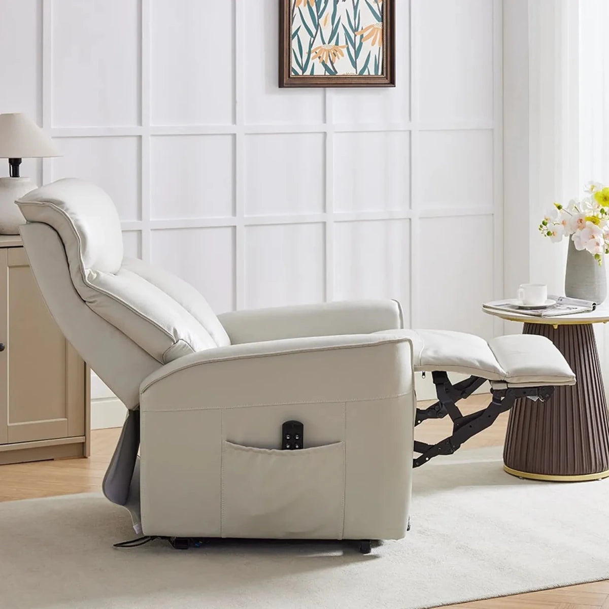 Moreno Leather Rise and Recliner Chair showing back tilting back and footrest rising to create the perfect support