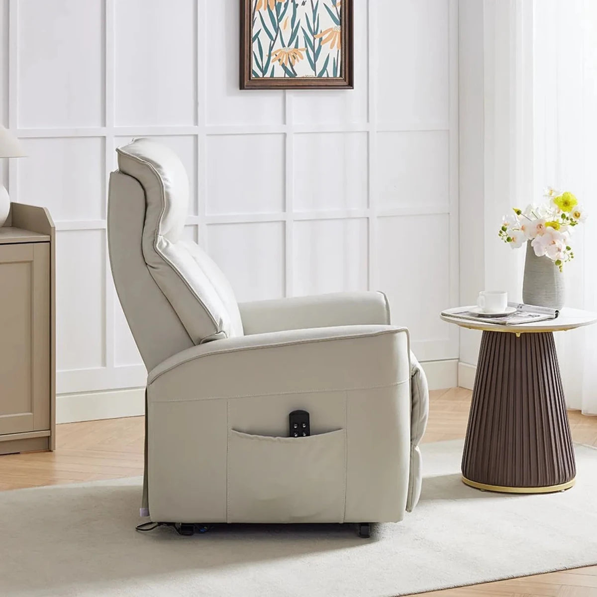 Side View of Moreno Leather Rise and Recliner Chair in Sandy Colour way 