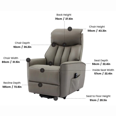 Dimensions for the Moreno Leather Rise and Recliner Chair 