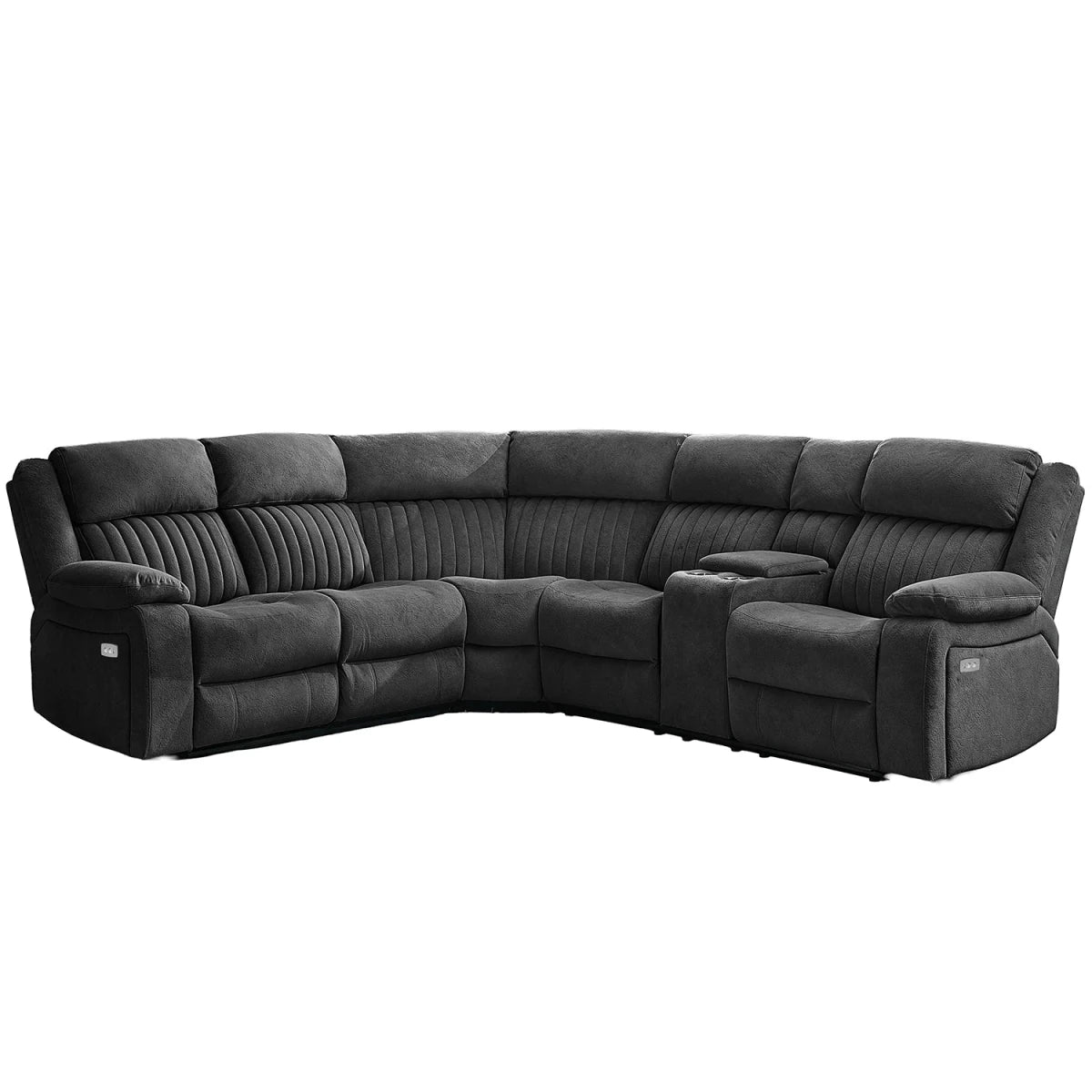 A dark gray modular reclining sectional sofa with a center console, shown against a plain white background.