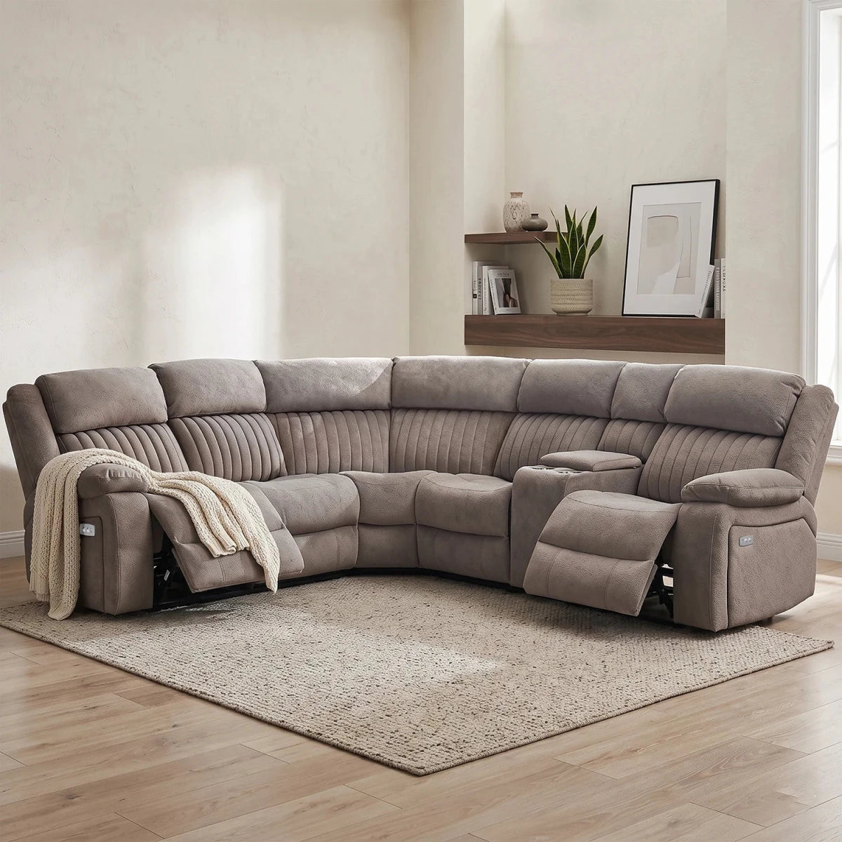 Morgan Taupe Fabric Electric Recliner Corner Suite with Drinks Console