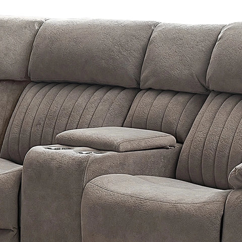 Close-up of a pMorgan Fabric Large Electric Recliner Corner Suite with Cup Holders with padded back cushions, ribbed armrests, and a center console cup holder.