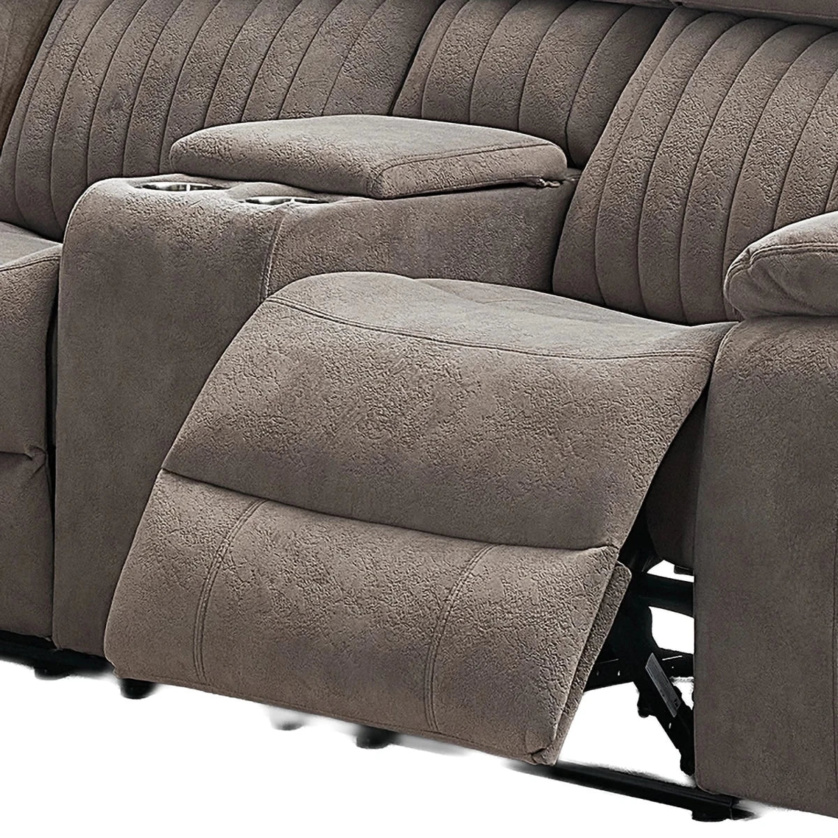 Close-up of a Morgan Fabric Large Electric Recliner Corner Suite with Cup Holders, showing the extended footrest, padded armrest, cup holders, and ribbed back cushions.