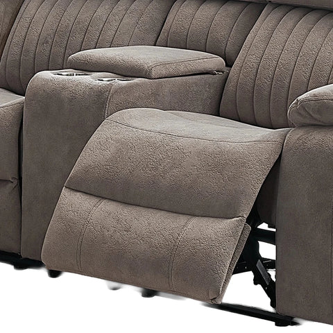 Close-up of a Morgan Fabric Large Electric Recliner Corner Suite with Cup Holders, showing the extended footrest, padded armrest, cup holders, and ribbed back cushions.