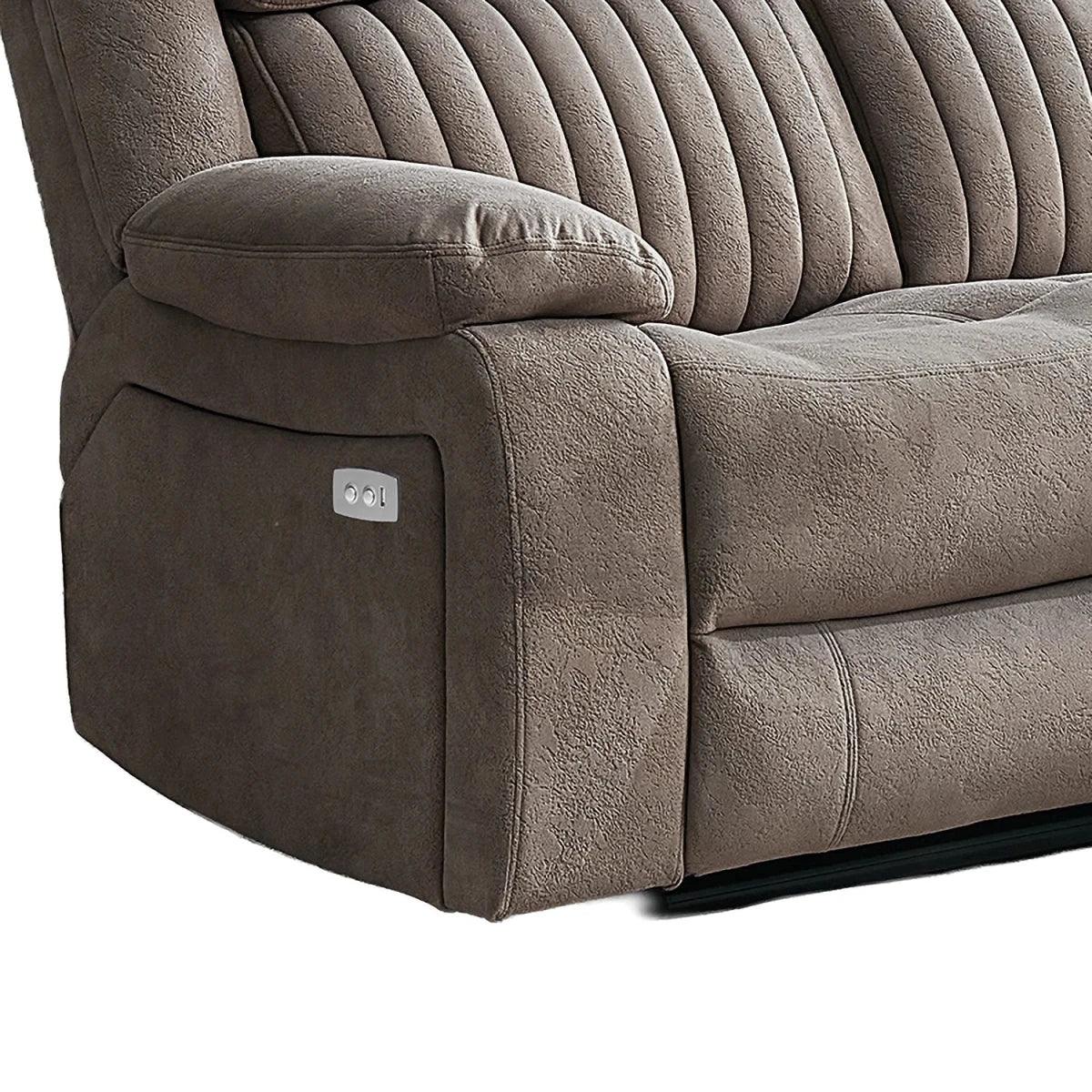 Close-up of a taupe brown reclining sofa showing the side panel with a silver power control button and the textured fabric upholstery.