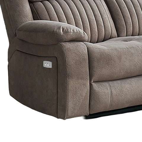 Close-up of a taupe brown reclining sofa showing the side panel with a silver power control button and the textured fabric upholstery.