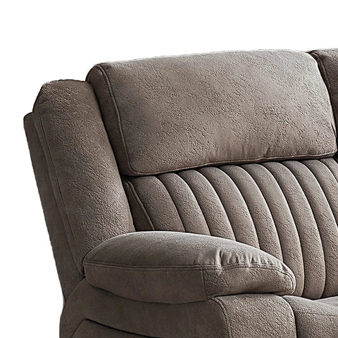 Close-up of Morgan Fabric Large Electric Recliner Corner Suite with Cup Holders showing the backrest cushion, padded armrest, and channel-tufted seat panel against a plain white background.