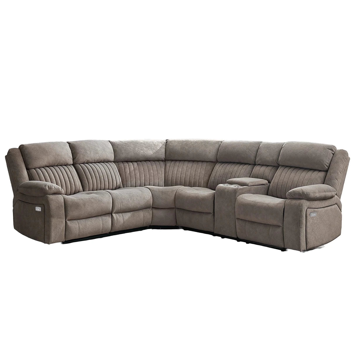 A large L-shaped power reclining sectional sofa upholstered in a textured taupe fabric, featuring channel tufting on the backrests and armrests, dual center cup holders, and side control panels.
