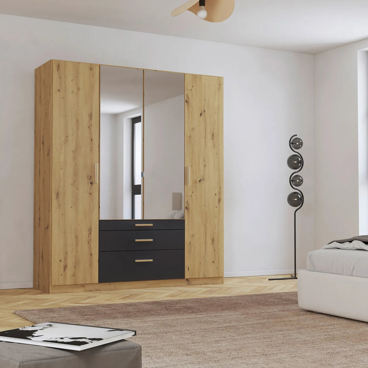 Mosbach 4 Door Graphite & Oak Wardrobe with Mirror and Drawers - 181cm - Pendle Village Furniture