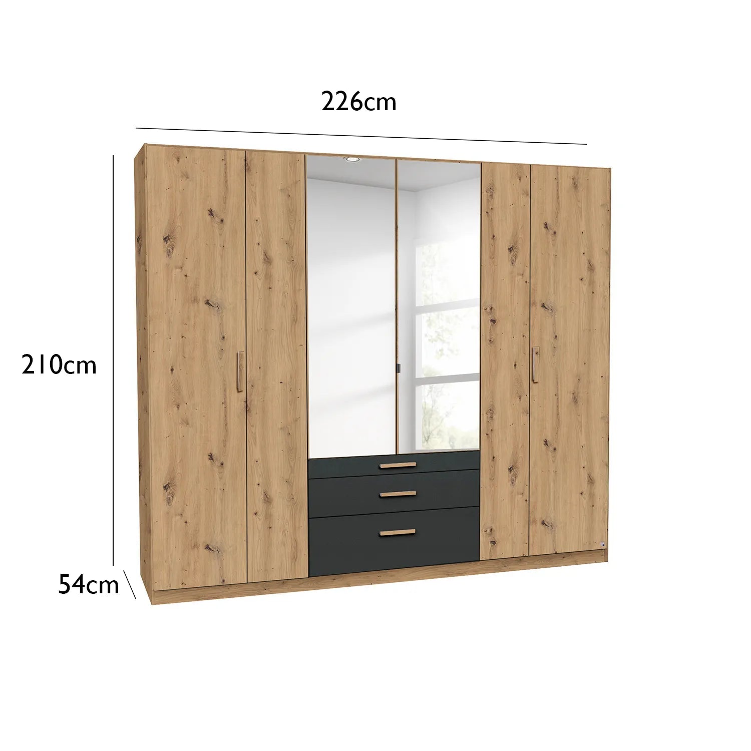 Mosbach 6 Door Graphite & Oak Wardrobe with Mirror and Drawers - 226cm