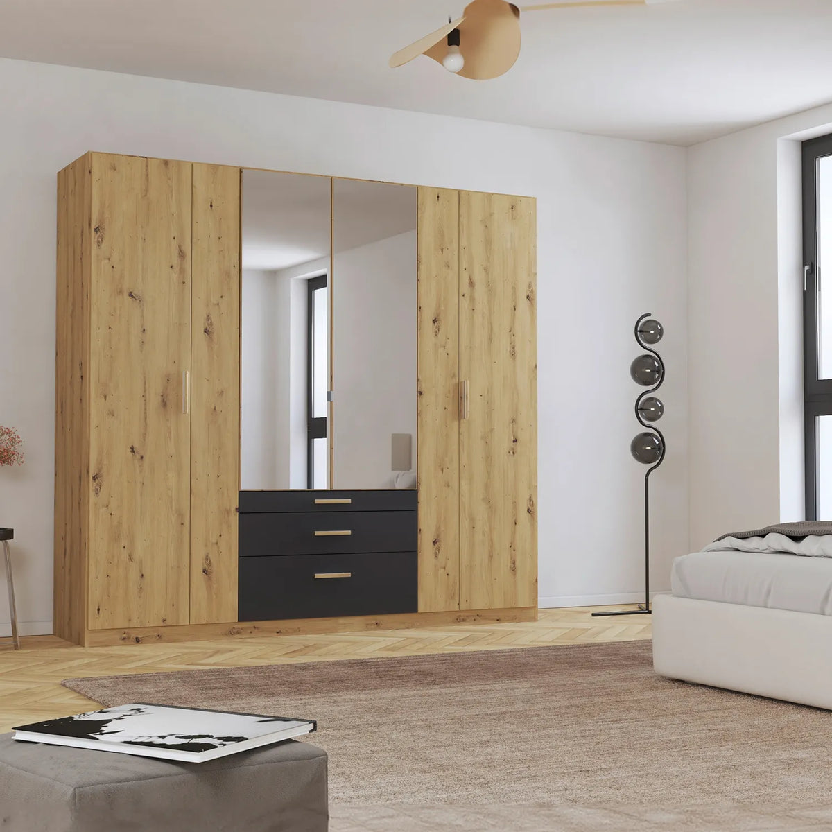 Mosbach 6 Door Graphite & Oak Wardrobe with Mirror and Drawers - 226cm - Pendle Village Furniture