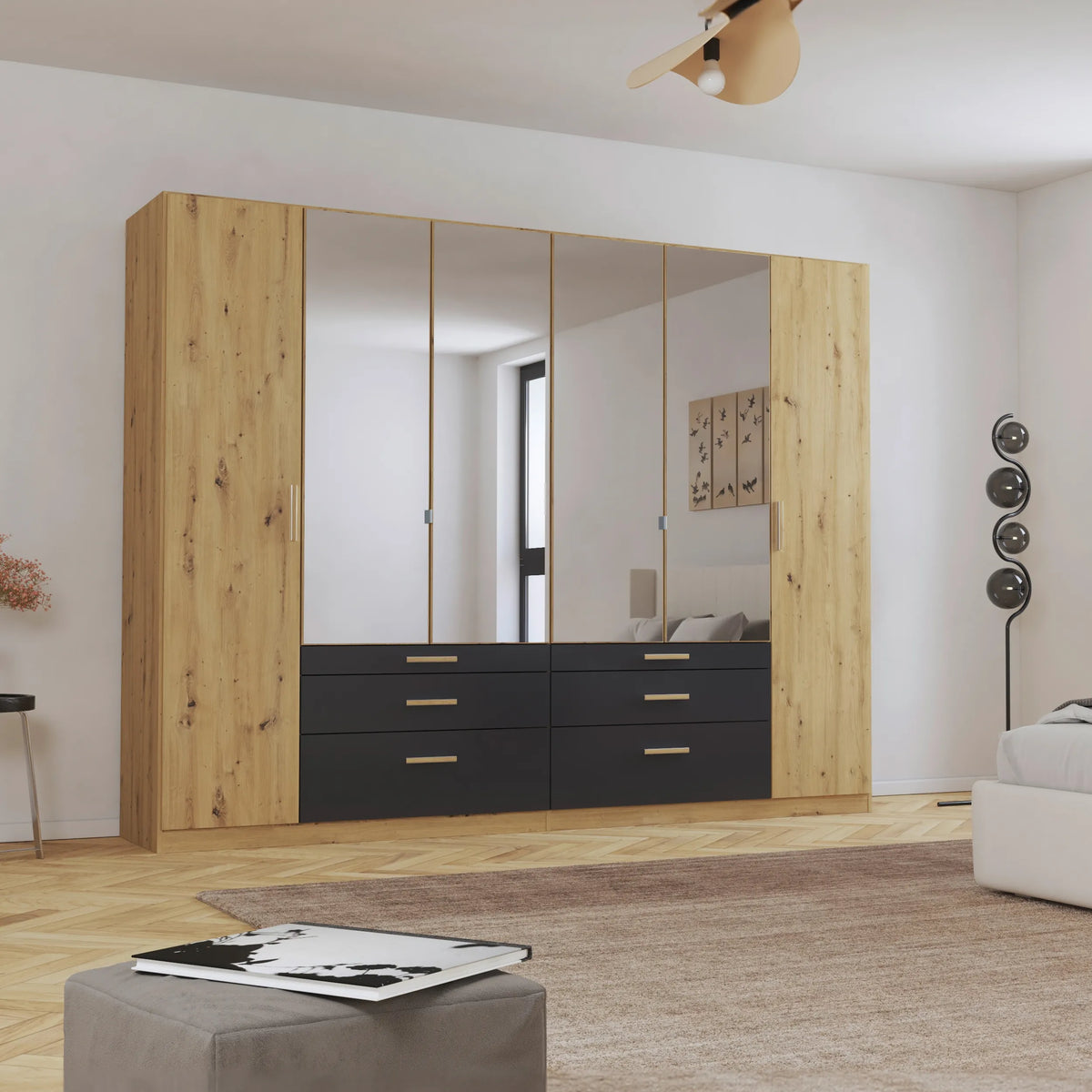 Mosbach 6 Door Graphite & Oak Wardrobe with Mirror and Drawers - 271cm - Pendle Village Furniture
