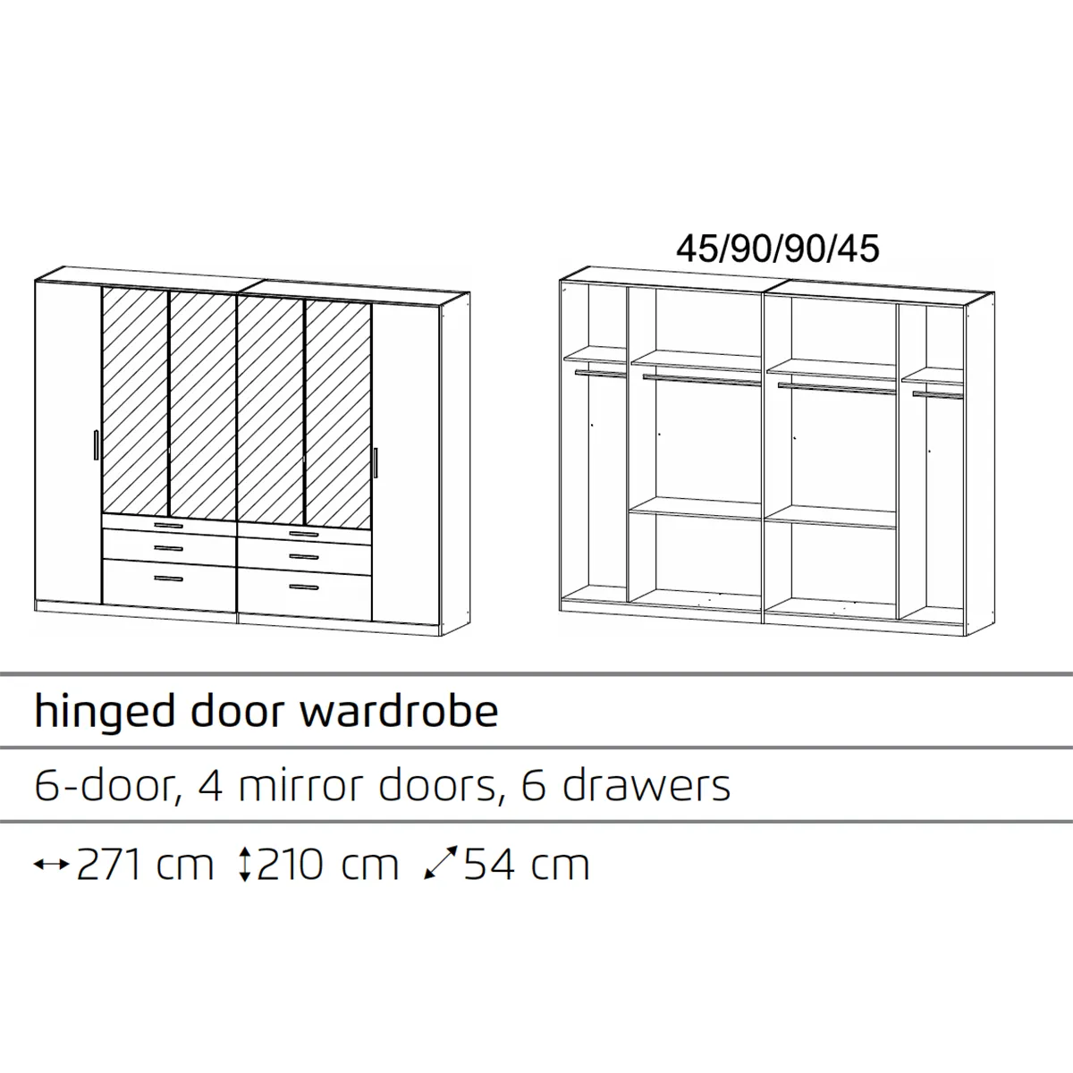 Mosbach 6 Door White & Oak Wardrobe with Mirror and Drawers width 271cm Height 210 cm Depth 54cm - Dimensions and Interior details 