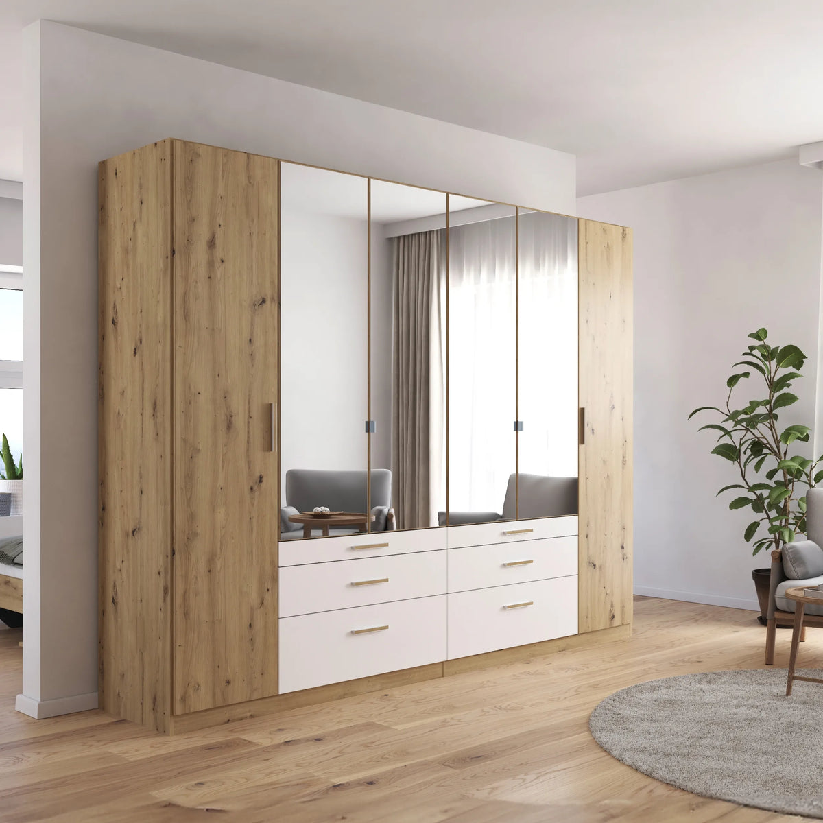 Mosbach 6 Door White & Oak Wardrobe with Mirror and Drawers - 271cm - Pendle Village Furniture