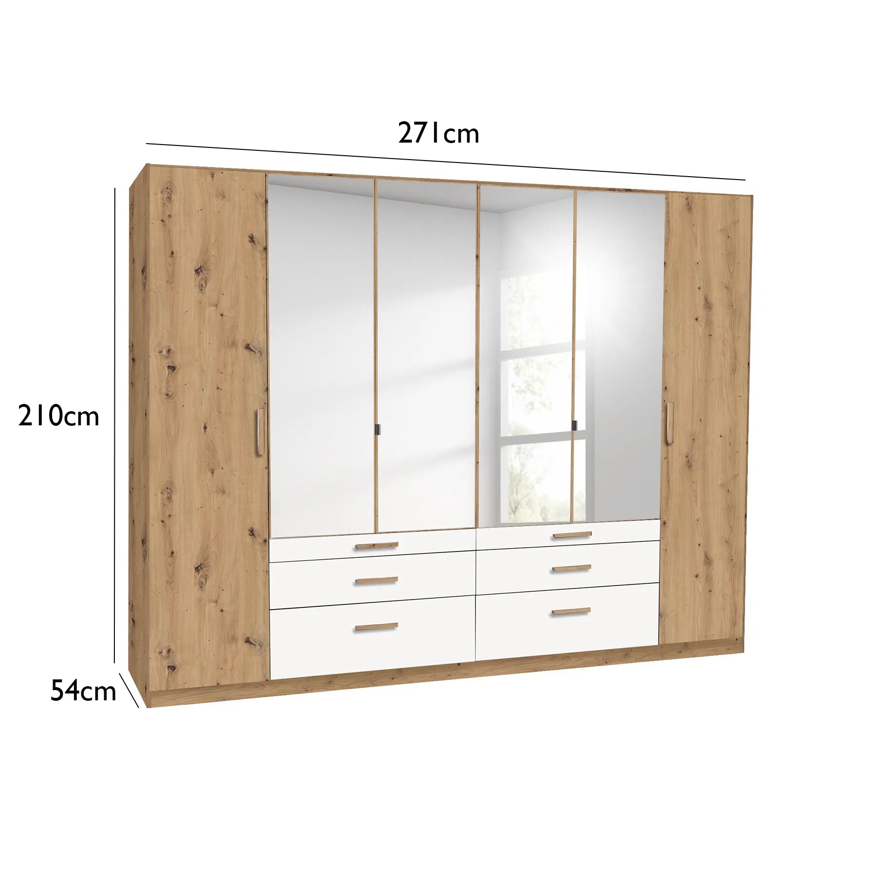 Mosbach 6 Door White & Oak Wardrobe with Mirror and Drawers width 271cm Height 210 cm Depth 54cm - Dimensions 