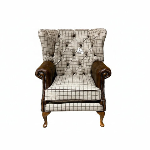 Oswald and Pablo Mulberry Beige Check Fabric with Antique Tan Leather High Round Back Wing Chair