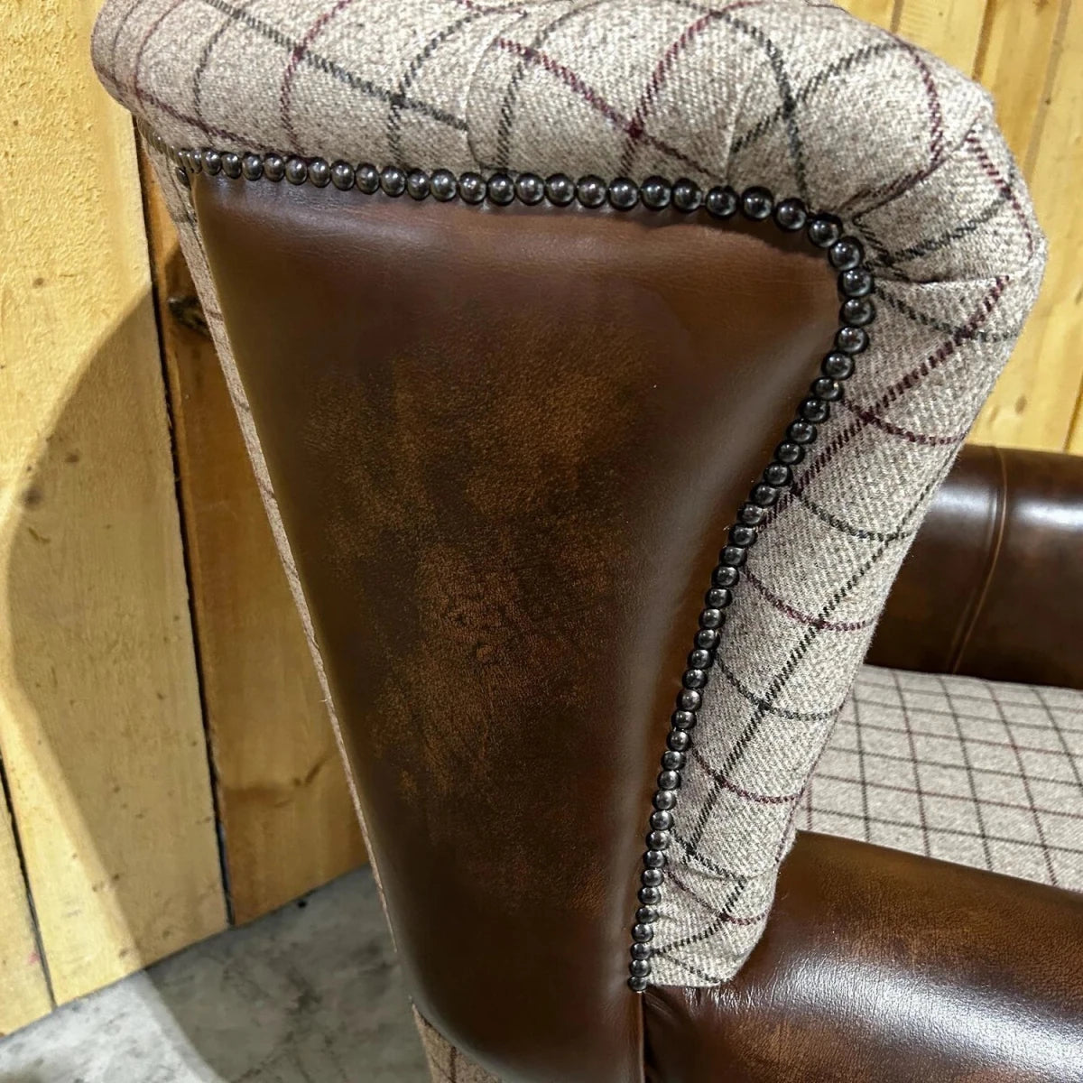 Oswald and Pablo Beige Check & Tan Leather Wing Chair - Back Close up