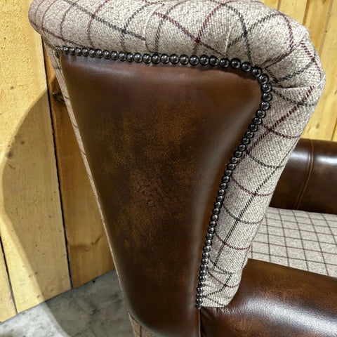 Oswald and Pablo Beige Check & Tan Leather Wing Chair - Back Close up