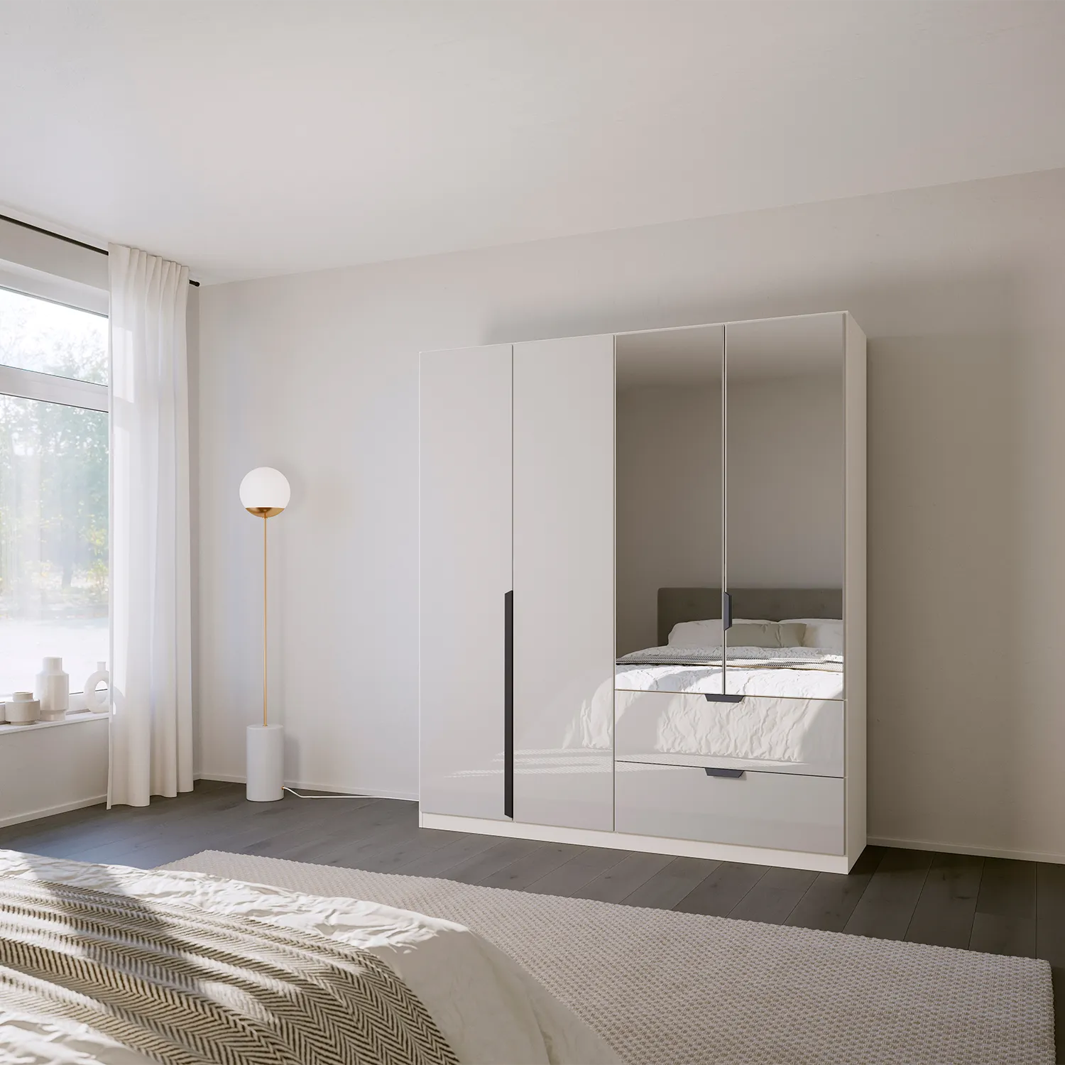 Mulheim 4 Door White Glass Wardrobe with Drawers and Mirror Lifestyle