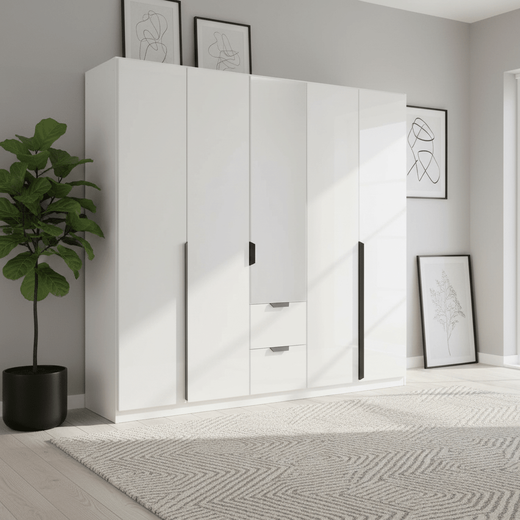 Mulheim 5 Door White Glass Wardrobe with Mirror and Drawers