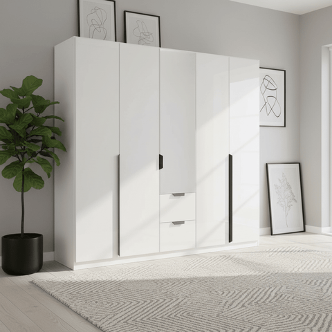 Mulheim 5 Door White Glass Wardrobe with Mirror and Drawers