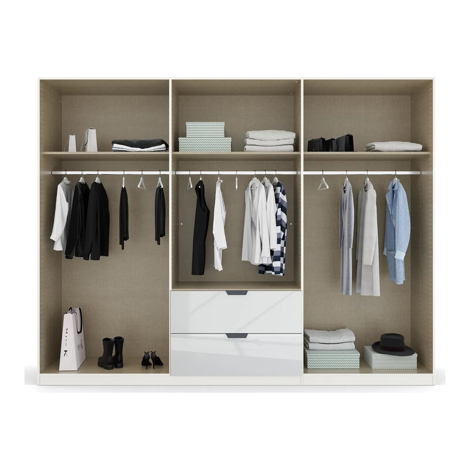 Rauch Modern Mulheim 6 Door White Glass Wardrobe with Mirror and Drawers - Interior 